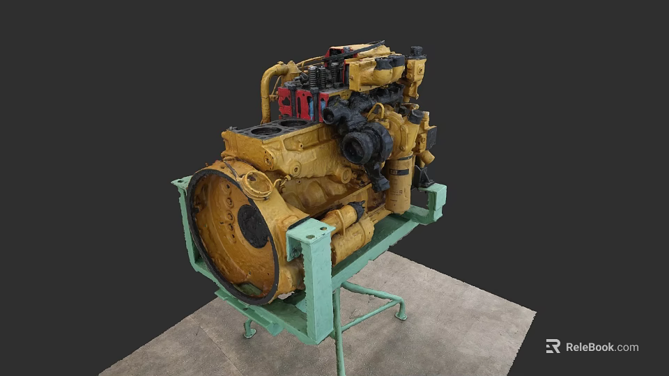 Car Engine Industrial Design Yellow Body On Green Stand Mechanical Parts 3d model 