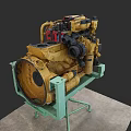 Car Engine Industrial Design Yellow Body On Green Stand Mechanical Parts