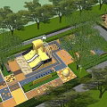Outdoor Children's Playground With Green Trees Yellow Playhouse Checkerboard Floor And Letter Blocks