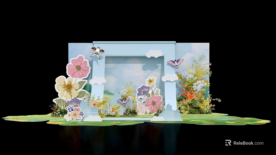 Art Installation With Colorful Flowers Butterflies Clouds And Light Blue Frame On Green Grass 3d model 