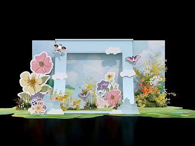Art Installation With Colorful Flowers Butterflies Clouds And Light Blue Frame On Green Grass 3d model
