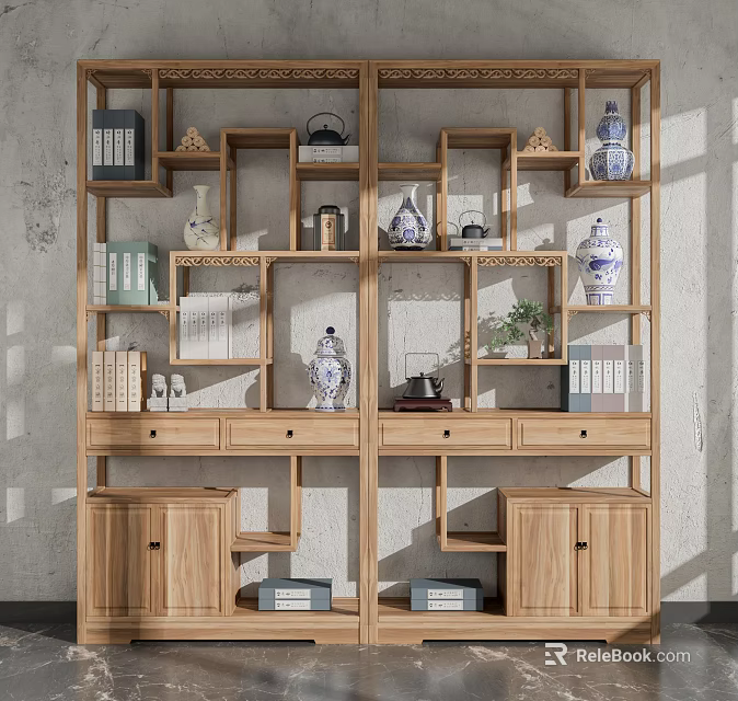 Traditional Chinese Wooden Display Shelf With Porcelain Vases Books And Decorative Items 3d model 