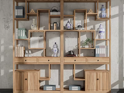 Traditional Chinese Wooden Display Shelf With Porcelain Vases Books And Decorative Items 3d model