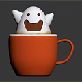 Cute White Smiling Ghost In Red Cup With Happy Face And Yellow Drink