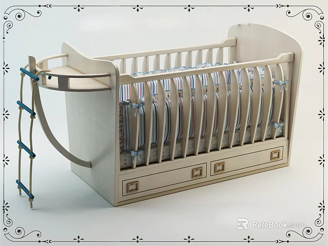 Light Colored Wooden Baby Crib With Drawer Storage And Ladder Railing Design 3d model 