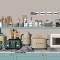 Stylish Organized Kitchenware with Jars Utensils Mugs on Shelves and Countertop Appliances