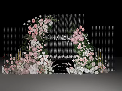 Elegant Wedding Floral Installation With Pink White Flowers And Beaded Curtain Backdrop 3d model