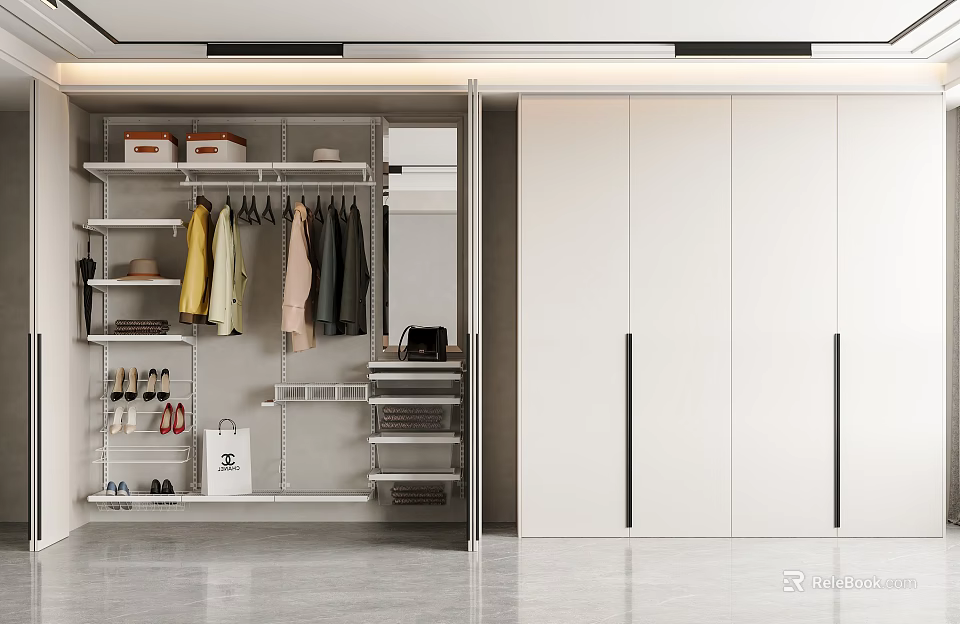 Modern Wardrobe With Sliding Doors Hanging Rails Shelf Storage And Shoe Racks 3d model 