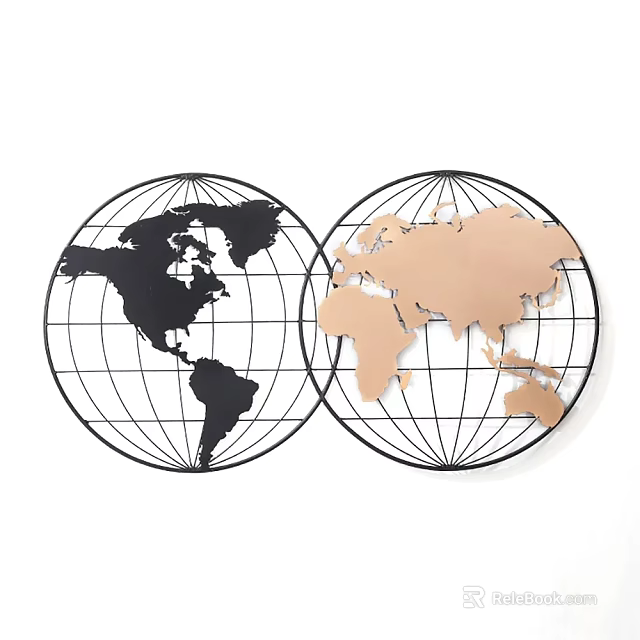 Modern World Map Globe Wall Decor with Black and Copper Metal Frame Design 3d model 