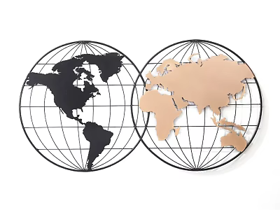 Modern World Map Globe Wall Decor with Black and Copper Metal Frame Design 3d model