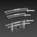 Traditional Samurai Swords with Black Handles Gold Decorations Sheaths and Decorative Stand with Circular Emblem