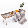 Wooden Footstool Decorated With Grey Blanket Fresh Fruit Bowl And Green Plant In Vase
