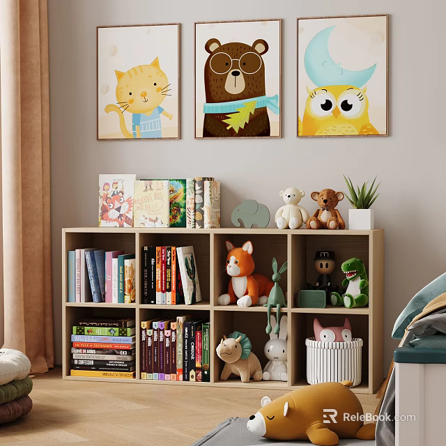 Kids Room Interior With Cartoon Animal Wall Art Bookshelf Books And Stuffed Toys 3d model 