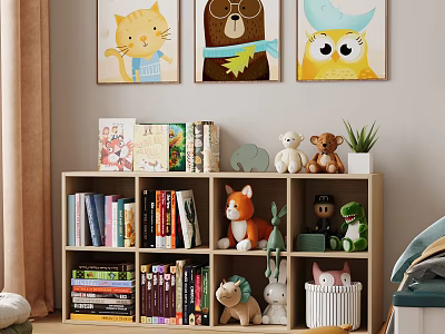 Kids Room Interior With Cartoon Animal Wall Art Bookshelf Books And Stuffed Toys 3d model