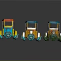 Colorful Vintage Tricycles With Red Blue Yellow Roofs And Decorative Details