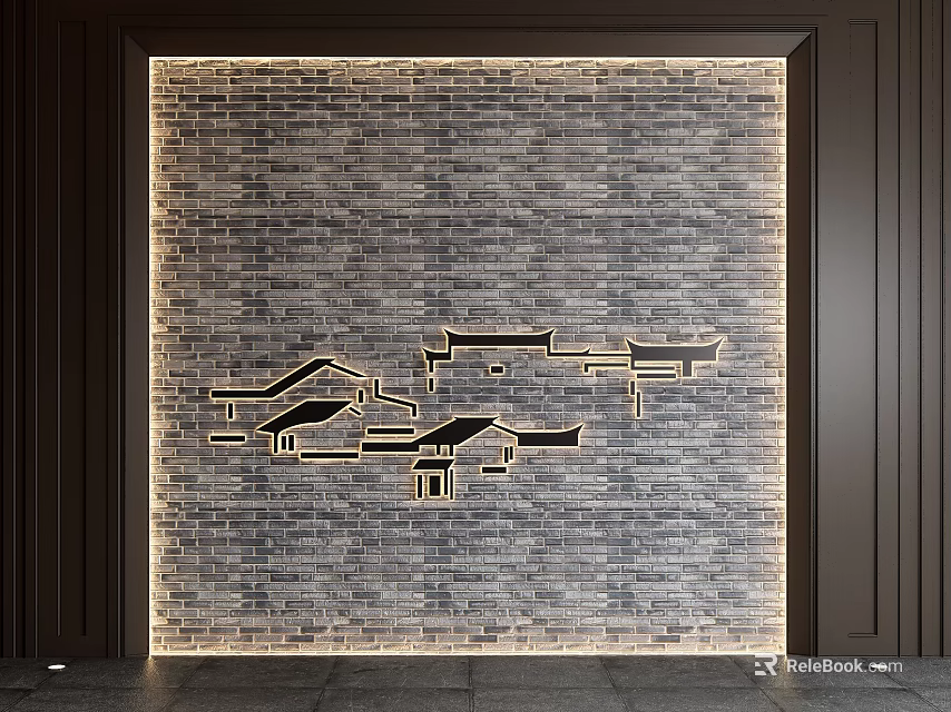 Traditional Chinese Brick Background Wall With Wooden Frame And Black Architectural Silhouettes Lighting 3d model 