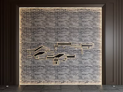 Traditional Chinese Brick Background Wall With Wooden Frame And Black Architectural Silhouettes Lighting 3d model