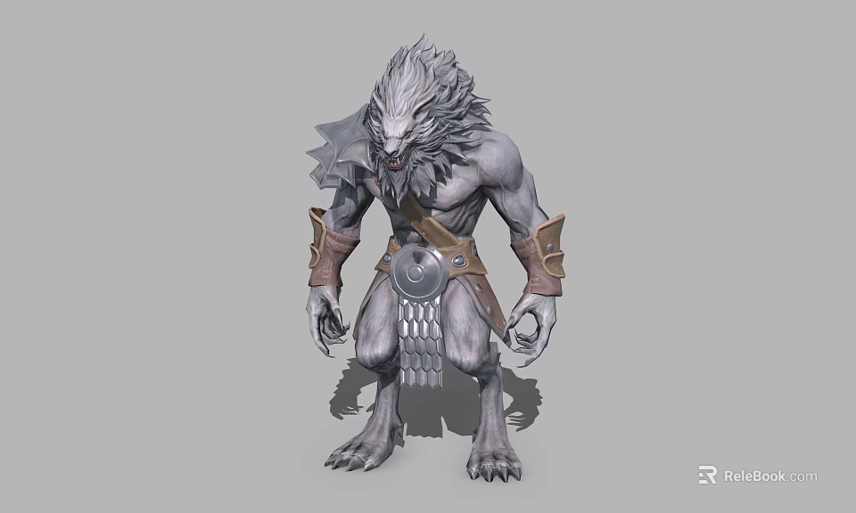 Powerful Gray Skinned Game Movie Character With Wolf Like Head Armor Belt And Clawed Feet 3d model 