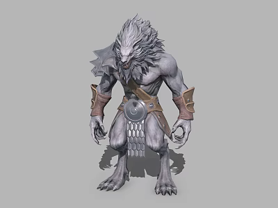 Powerful Gray Skinned Game Movie Character With Wolf Like Head Armor Belt And Clawed Feet 3d model