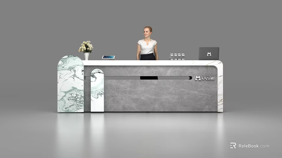 Elegant Modern Reception Desk With Marble Finish Flower Vase Brand Logo And Receptionist 3d model 