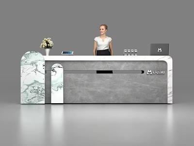 Elegant Modern Reception Desk With Marble Finish Flower Vase Brand Logo And Receptionist 3d model