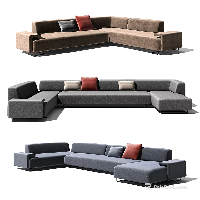 Modern Sectional Sofa with Red Beige Pillows for Living Room Interior 3d model