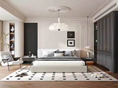 Modern Bedroom Interior With White Bed Black And White Rug Dark Wardrobes And Chandelier 3d model