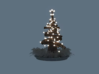 Decorative Wooden Tree Adorned With White String Lights And Grassy Base 3d model