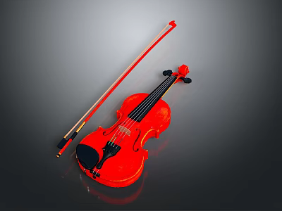 Red Violin With Wooden Bow For Musical Instrument And Art Supplies 3d model