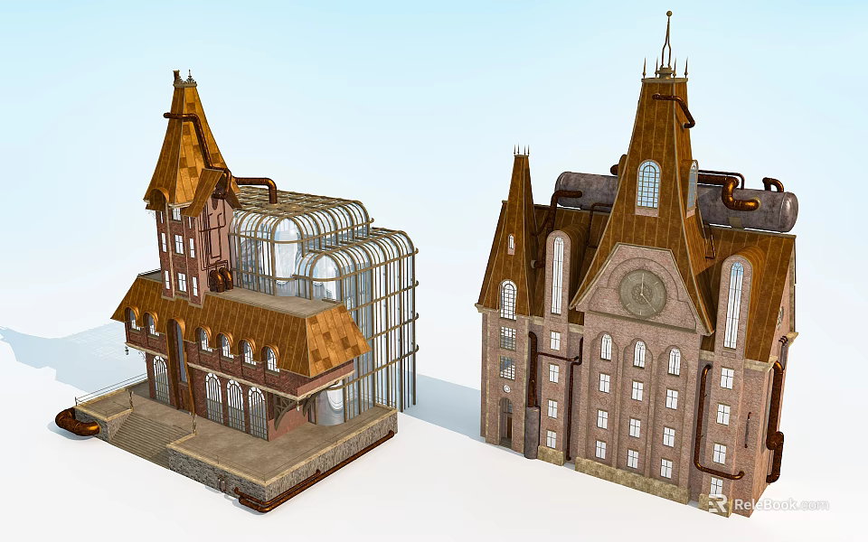 European Architecture With Spires Towers Arched Windows Brown Roofs And Stone Brick Facade 3d model 