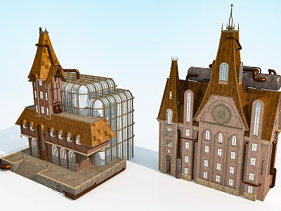 European Architecture With Spires Towers Arched Windows Brown Roofs And Stone Brick Facade 3d model