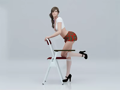 Woman In White Top And Red Plaid Skirt Leaning On Chair Wearing Black High Heels 3d model