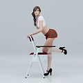Woman In White Top And Red Plaid Skirt Leaning On Chair Wearing Black High Heels