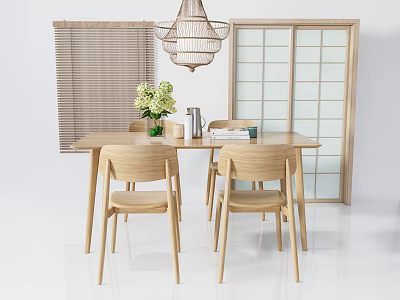 Wooden Dining Table Set with Chairs Green Plant Hanging Chandelier Shoji Screen and Blinds Modern Interior 3d model
