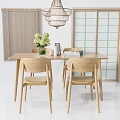 Wooden Dining Table Set with Chairs Green Plant Hanging Chandelier Shoji Screen and Blinds Modern Interior