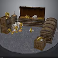 Treasure Chest Scene With Wooden Barrel Crates Goblets And Gold Coins
