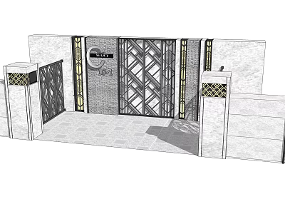 Building Exterior Wall With Decorative Lattice Gate Geometric Patterns And Stone Pillars 3d model