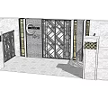 Building Exterior Wall With Decorative Lattice Gate Geometric Patterns And Stone Pillars