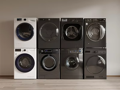 Four Modern Front Load Washing Machines with White and Black Stylish Designs 3d model