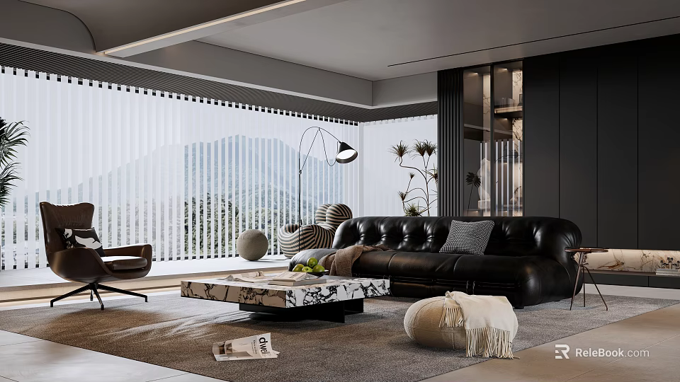 Modern Living Room Interior Design With Black Leather Sofa Marble Coffee Table And Large Windows 3d model 