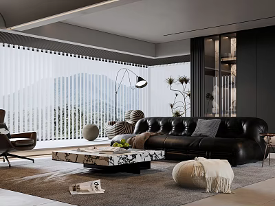 Modern Living Room Interior Design With Black Leather Sofa Marble Coffee Table And Large Windows 3d model