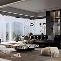 Modern Living Room Interior Design With Black Leather Sofa Marble Coffee Table And Large Windows