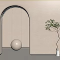 Modern Minimalist Interior With Arched Doorway Beige Textured Walls White Sphere Decor And Tree Vase