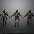 Three Characters In Different Colored Armor Suits With Helmets And Protective Gear