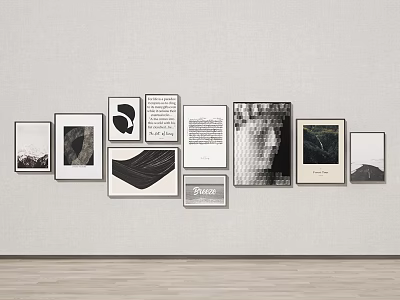 Stylish Photo Wall With Various Frames Black White Art Text And Landscape Prints 3d model