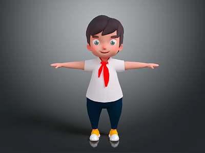 Cartoon Game Movie Character Boy With Brown Hair White Shirt Red Scarf Arms Outstretched 3d model