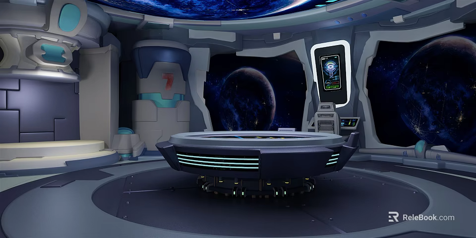 Cartoon Spaceship Interior With Circular Control Console And Starry Space Background 3d model 