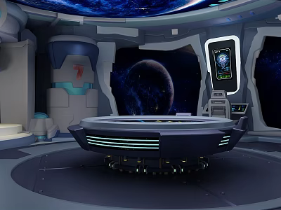 Cartoon Spaceship Interior With Circular Control Console And Starry Space Background 3d model