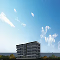 Modern Multi Storey Office Building With Glass Facade Balconies Green Lawn Trees People And Cars