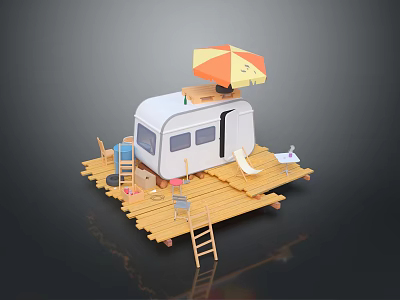Leisure Camper Van On Wooden Platform With Umbrella Slide And Chairs 3d model